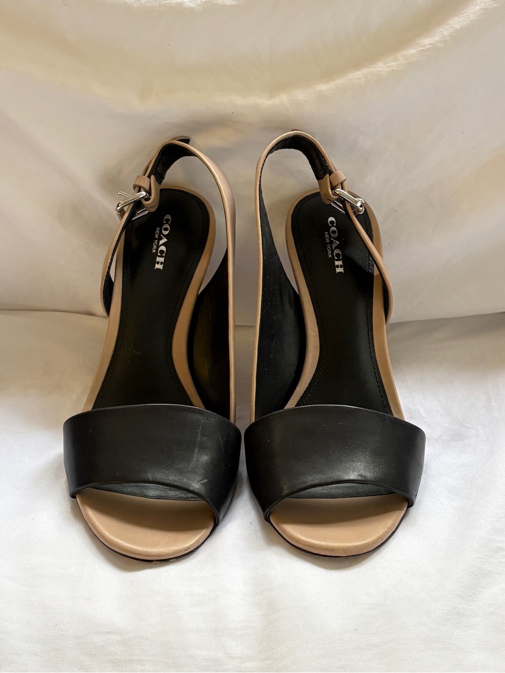 Coach Black and Tan Open-Toe Slingback Heels